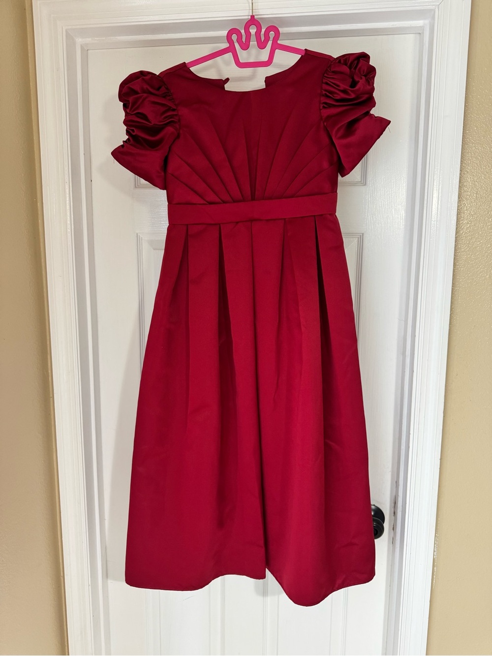 Burgundy Satin Puff Sleeve Bow Back Formal Dress Size 14 w Petticoat